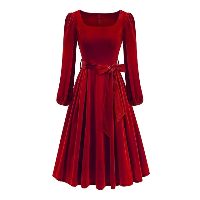 Womens Velvet Midi Dress Casual Square Neck Long Sleeve Belted Elastic High Waist Flowy Evening Party Dresses