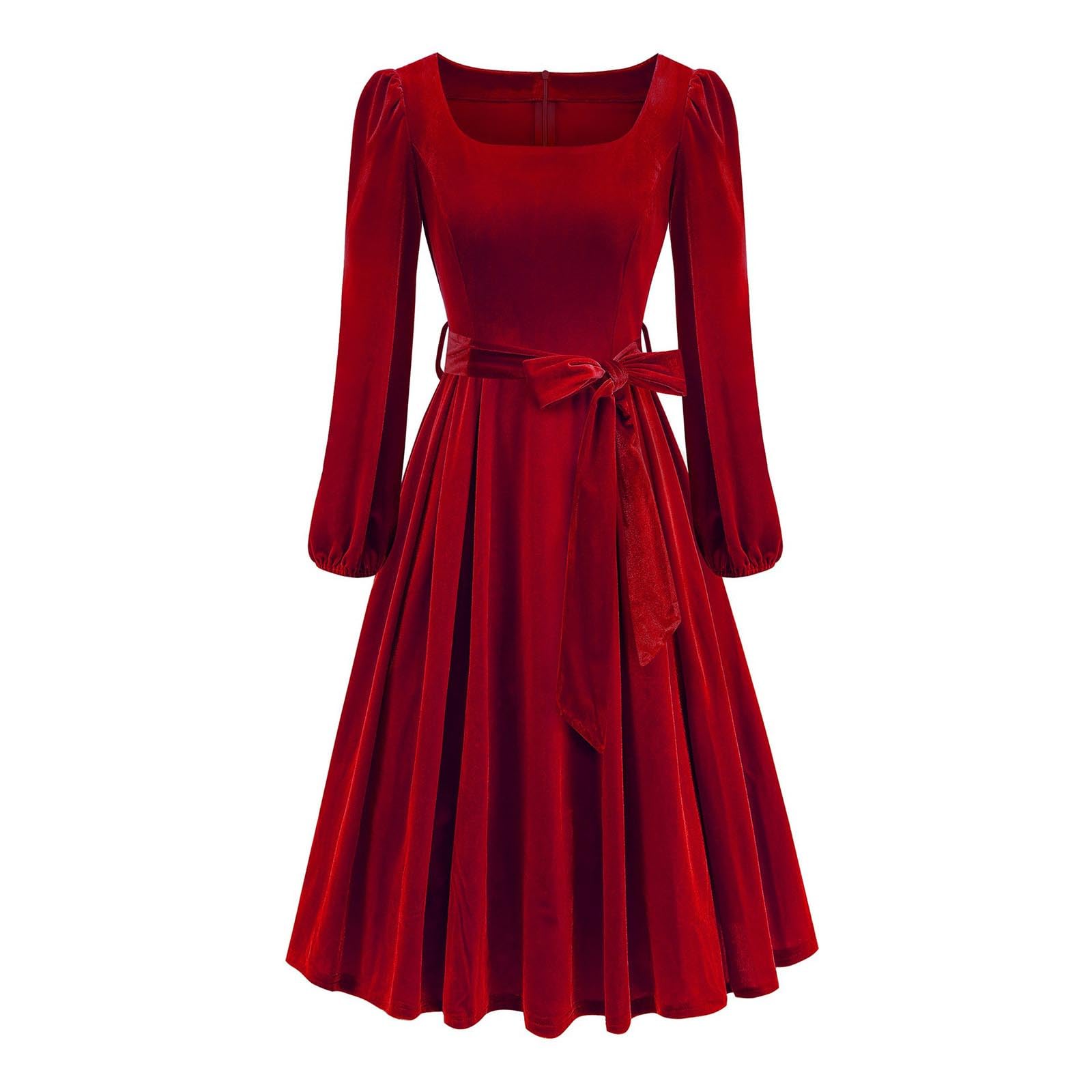 Womens Velvet Midi Dress Casual Square Neck Long Sleeve Belted Elastic High Waist Flowy Evening Party Dresses