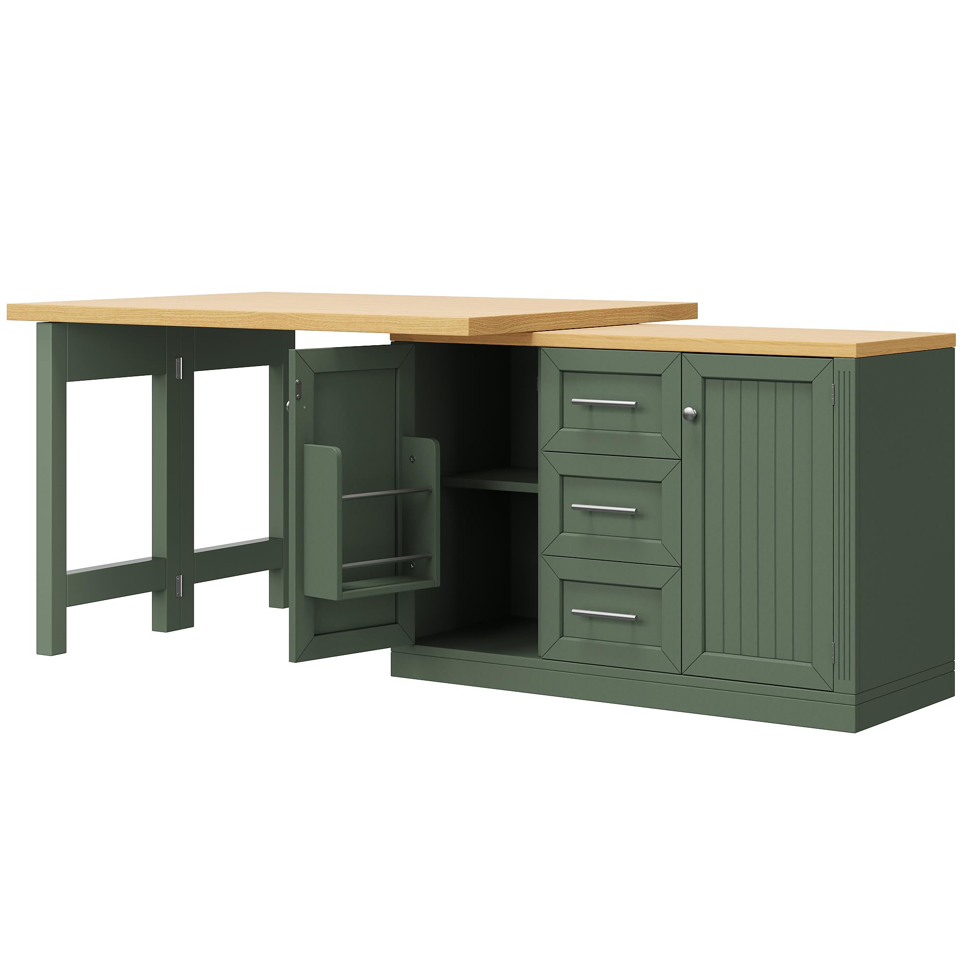 Isla de cocina multifuncional con mesa de comedor extensible, encimera convertible, placas ajustables 360°, estante para aperitivos, cierre magnético, cajón grande, diseño moderno, verde