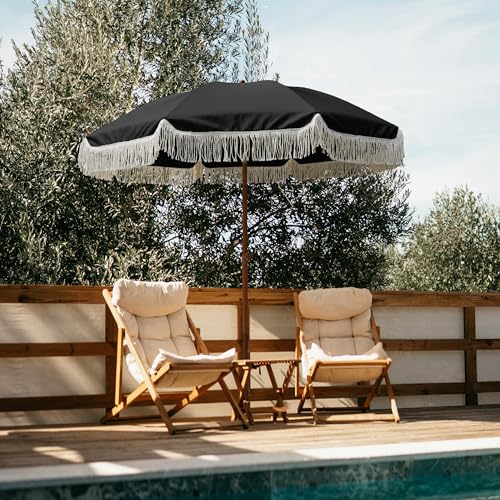 Image of AMMSUN 7ft Patio Umbrella with Fringe Outdoor Tassel Umbrella UPF50+ Premium Steel Pole and Steel Ribs Push Button Tilt, Black