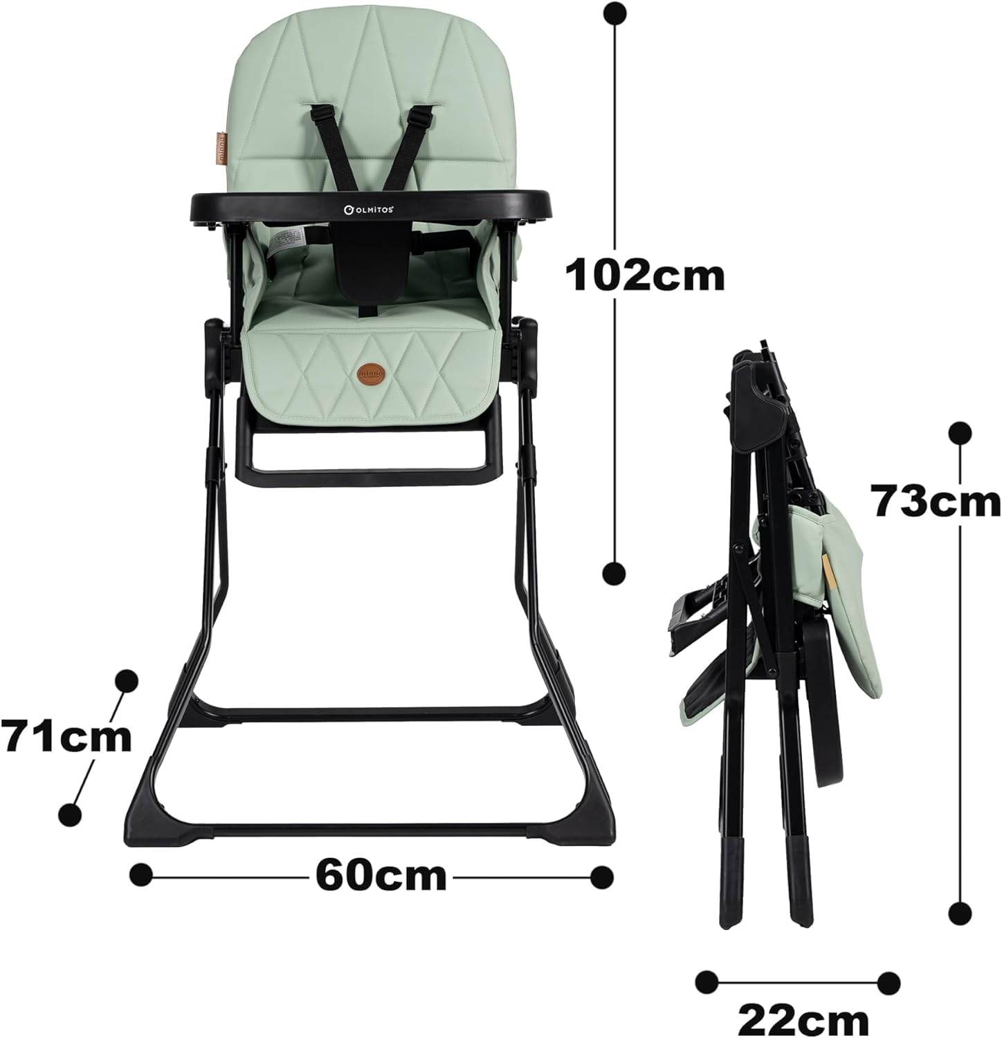 Olmitos – Trona para Bebé Plegable Ligera y Ultracompacta MINNA – Trona portátil de viaje 4.9kg ergonómica con Funda Acolchada de 6 meses a 3 años - reposapiés ajustable y Arnés 5 Puntos, Verde