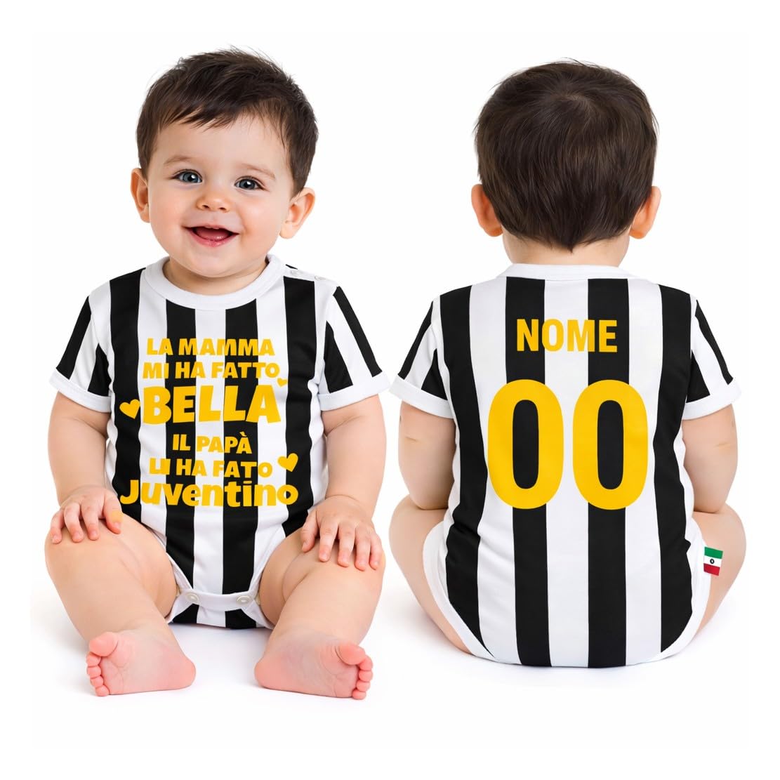 PELUSCIAMO Body Bianco Nero | Mamma Mi Ha Fatto Bello Bella Papa' Mi Ha Fatto Juventino |Calcio Tifosi Bianco Neri Bodi Neonato Calcio 100% Made in Italy PS 32764-010