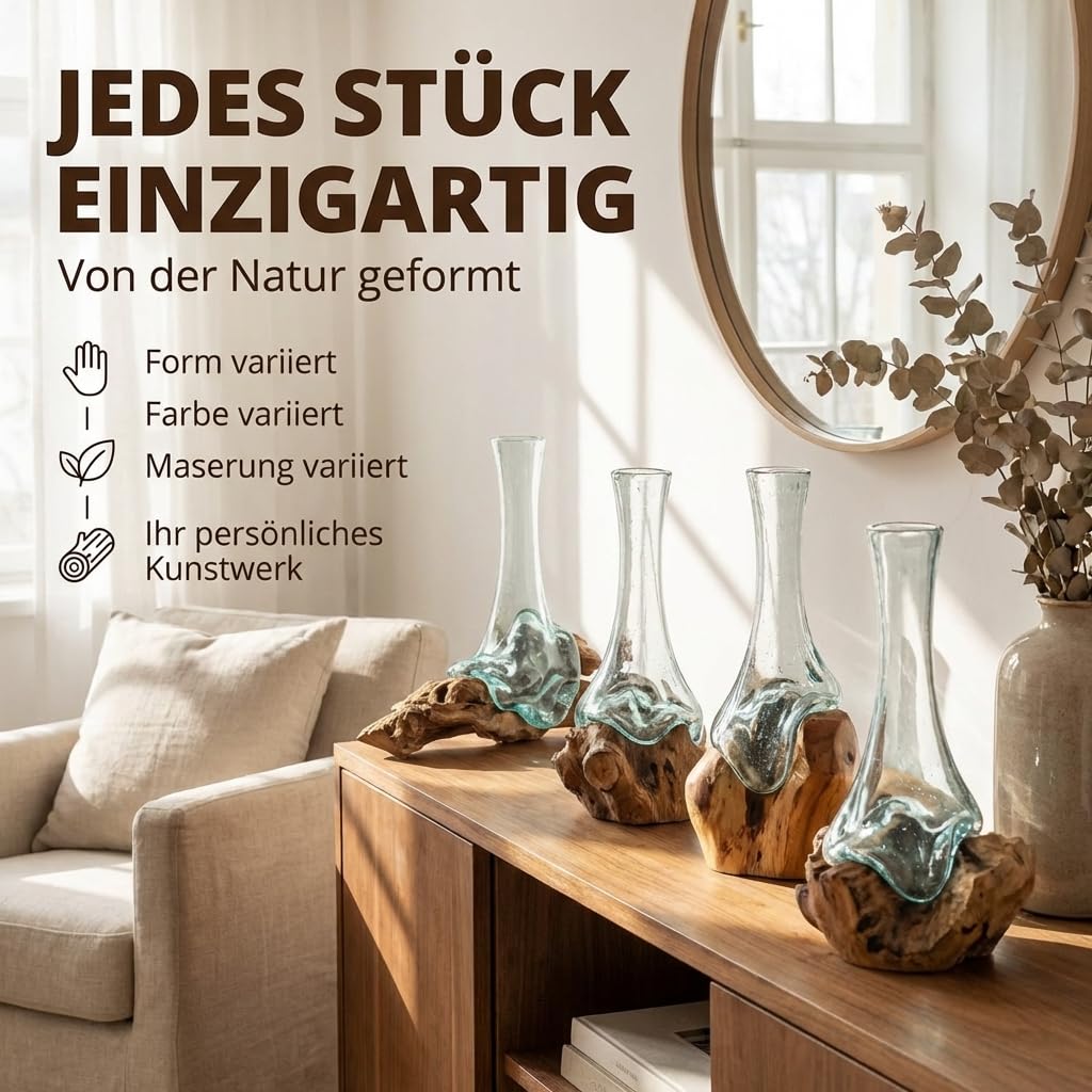 Vase auf Wurzelholz, B-Ware, Unikat Glasvase 25 cm mit abnehmbarem Glaseinsatz, handgefertigt aus Teakholz, Deko für Wohnzimmer & Büro, in Braun/Klar Vase M