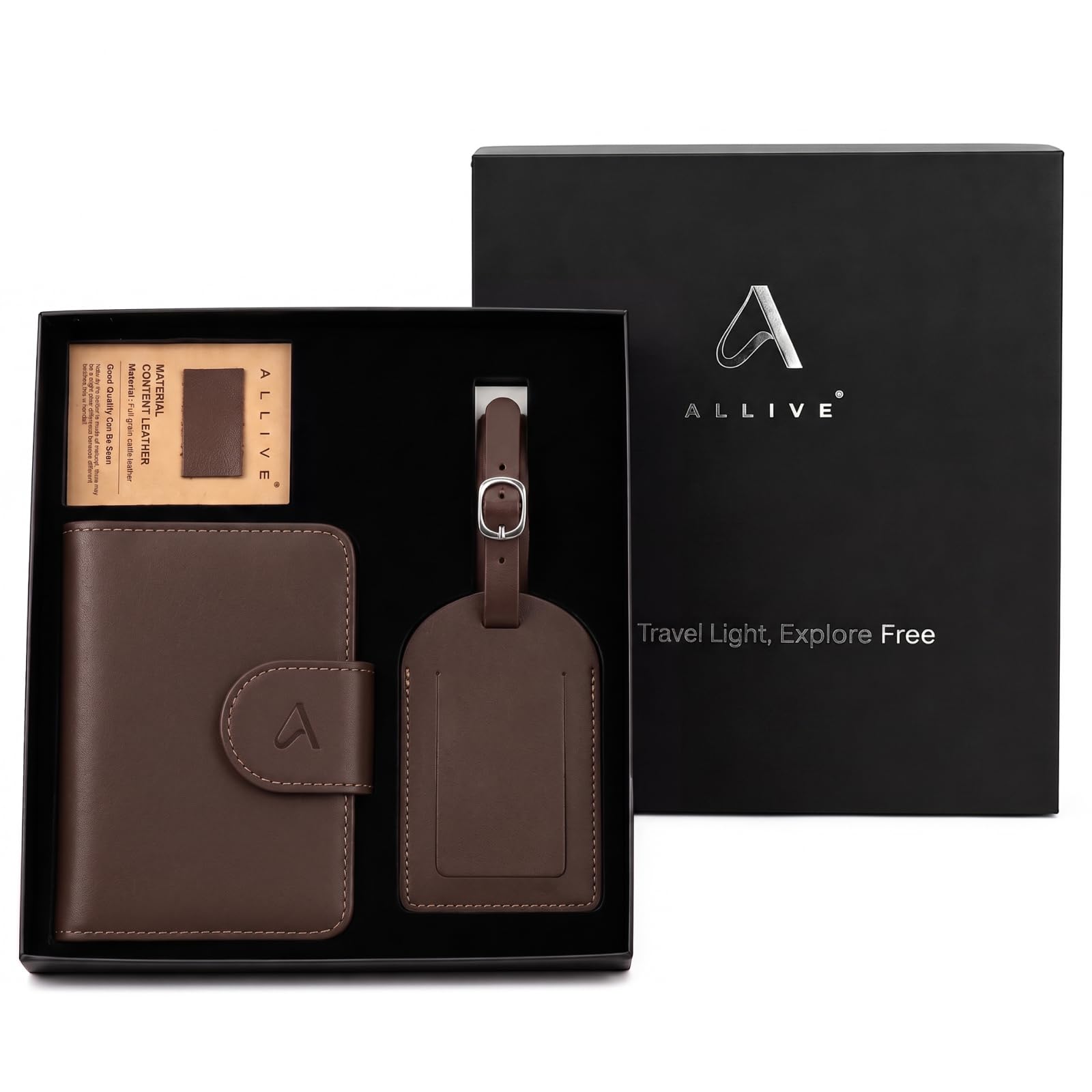 ALLIVE Genuine Leather Passport Holder for Travel with Hidden AirTag Pocket, RFID Blocking Passport Travel Wallet with Luggage Tag &amp; Premium Gift Box, Holiday Gift for Women and Men (Coffee Brown)