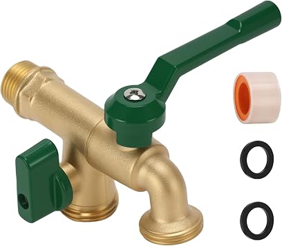 Outdoor Faucet with Double Outlet, Green aluminum handle,Wall Mounted 1/2"NPT Male,with 3/4"GHT Garden Hose Connect, Frost-proof Outside Spigot for Garden Hose Connector