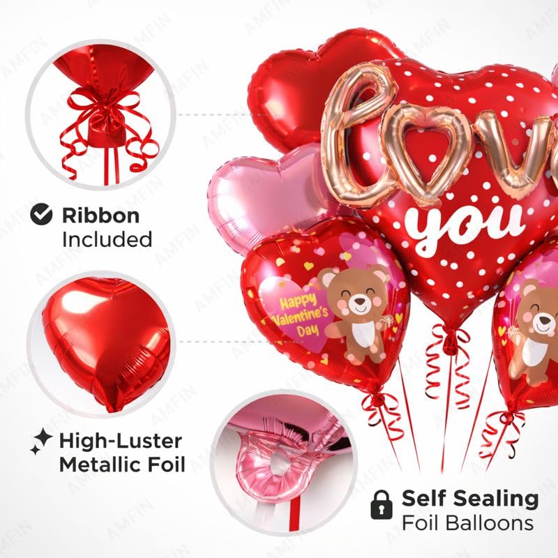 Image of AMFIN (Pack of 7) Happy Valentine's Day Foil Balloon Bouquet 3D Love you Heart Romantic Decoration Item - Red Pink