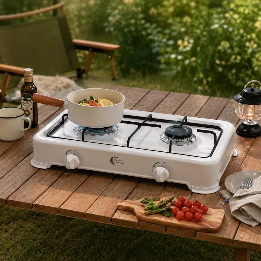 Réchaud à gaz portable 2 feux | Contrôle de flamme | Réchaud de camping compact avec couvercle | Idéal pour le camping, l'extérieur, les voyages | 4 patins en caoutchouc antidérapants | Couleur blanc