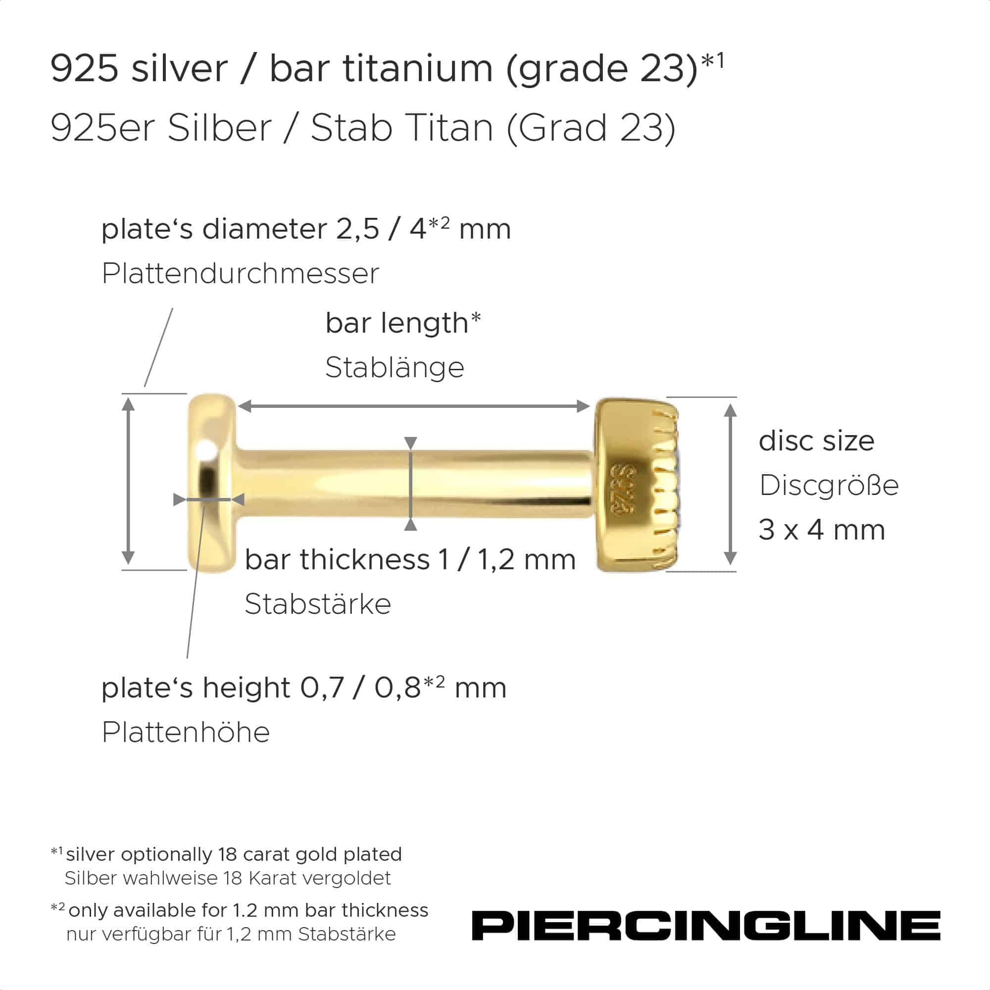 PIERCINGLINE Piercing Stecker Titan Labret mit Innengewinde + 925er Silber Aufsatz MOISSANIT-TROPFEN - Goldfarben, Silberfarben