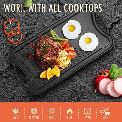 COOKWIN Cast Iron Griddle Grill Pan, 20\"x10\" Pre-Seasoned Cast Iron Griddle for Stovetop with Accessories Includes Cast Iron Grill Press (5\"x 9\"), Grill Pan Scraper and Chainmail Cleaner - Thumbnail 5