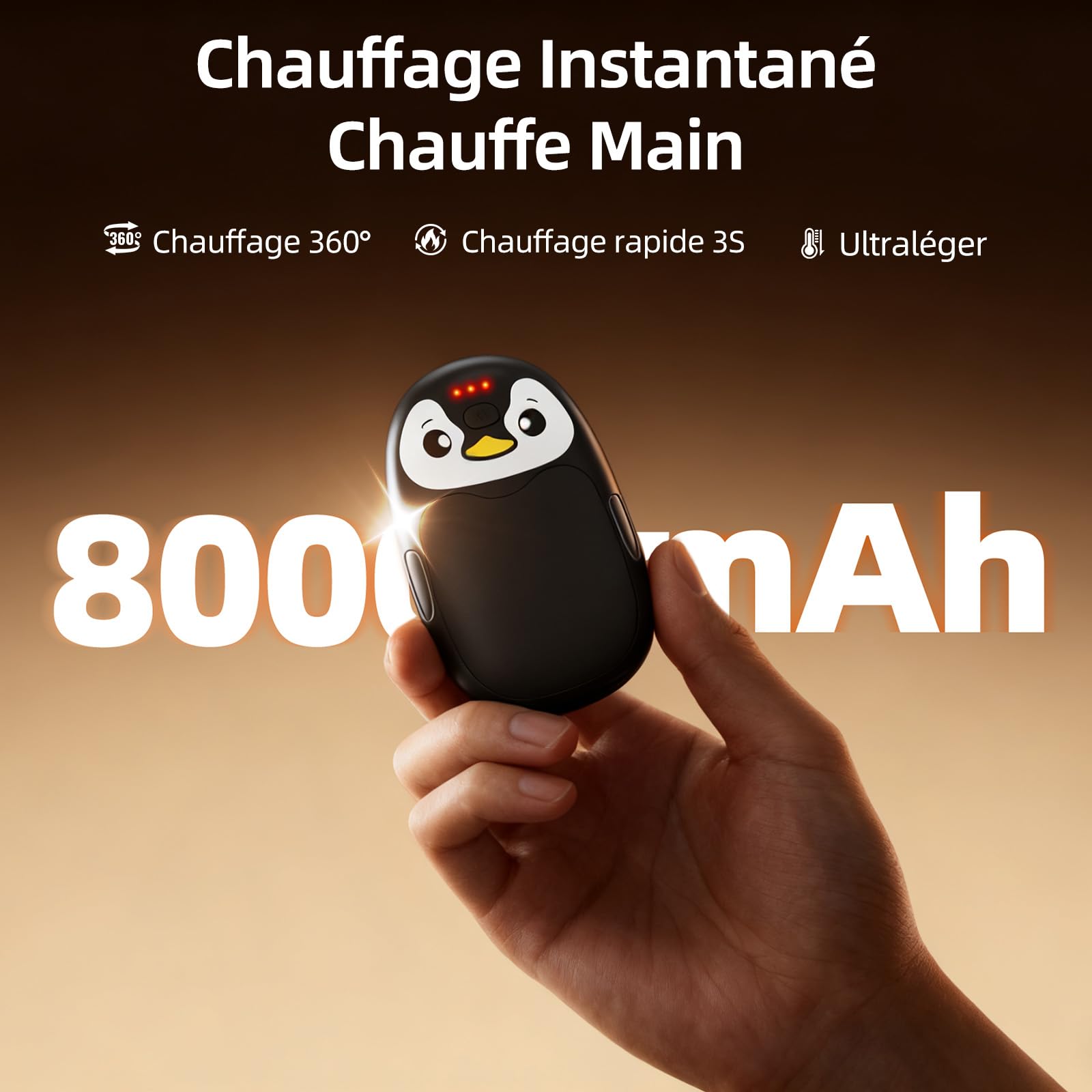 Chauffe Main Electrique 2 en 1, Noir Chaufferette Main Reutilisable 8000mAh Rechargeable par USB, 3 Niveaux de Chauffe, Cadeaux Hiver Unisexes, pour Camping et Sports en Extérieur