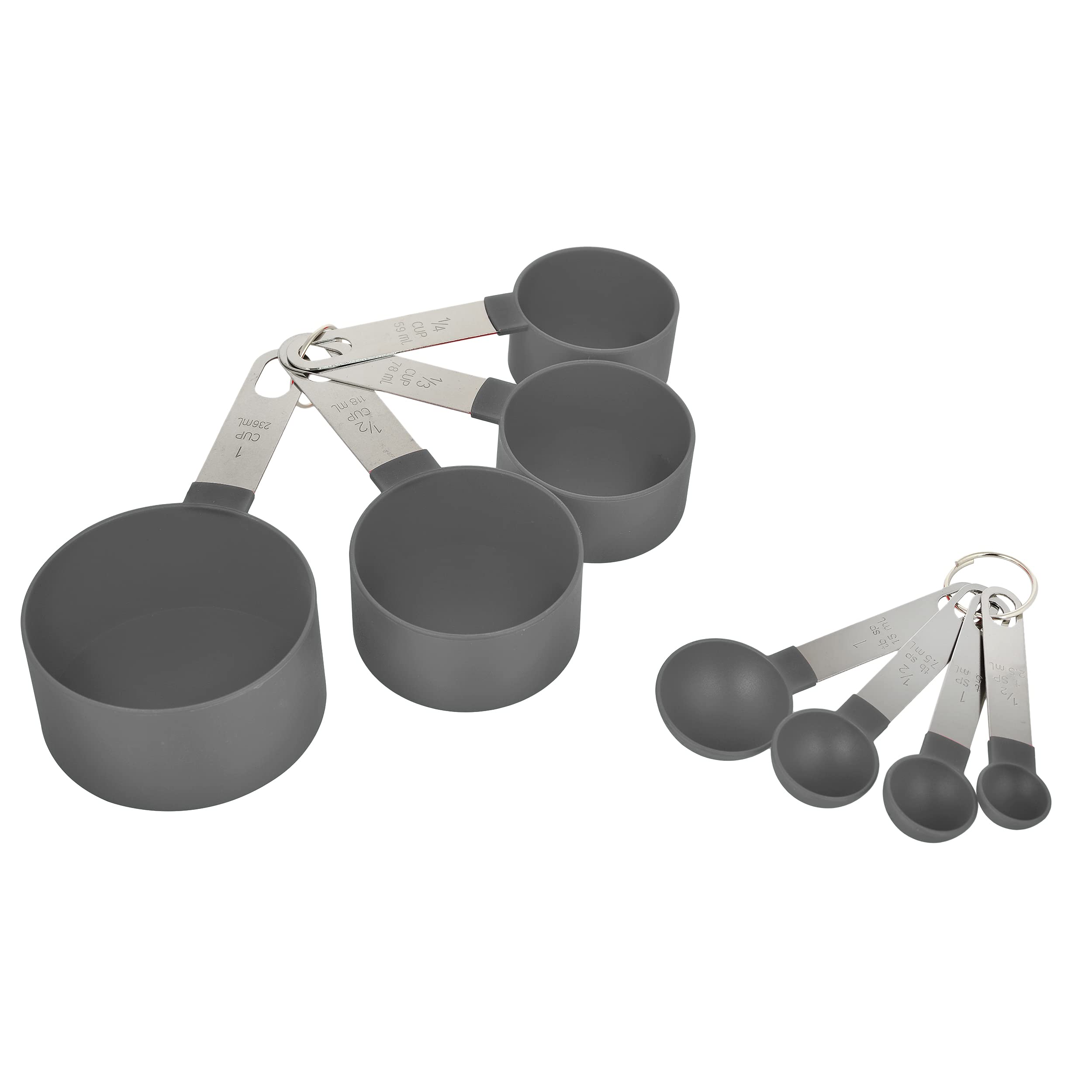 Measuring Cups & Spoon Set Stainless Steel and Plastics Combo with Handles for Cooking & Baking Cakes (Set of 4 Cups and 4 Spoons), Grey