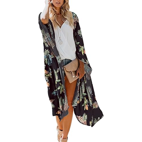 MayBuy Women's Summer Long Flowy Kimono Cardigans Boho Chiffon Floral Beach Cover Up Tops