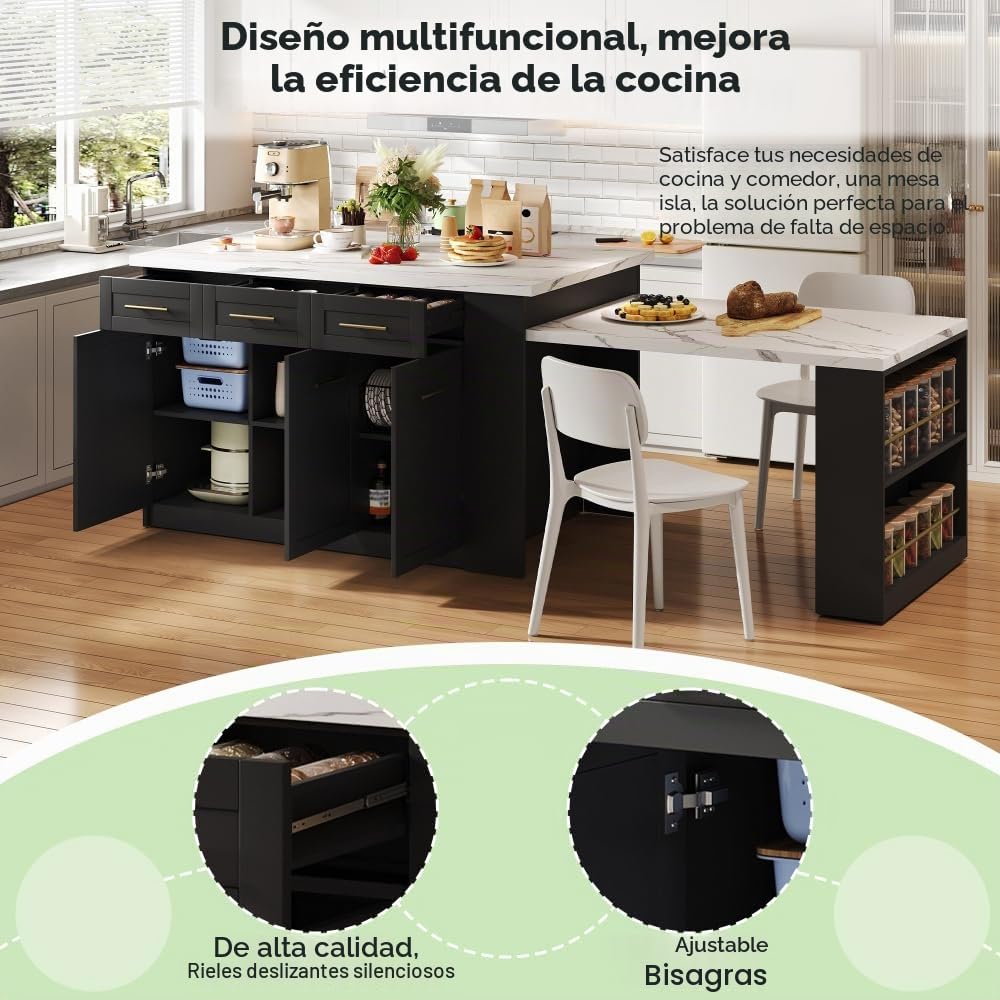 Isla de cocina multifuncional con mesa de comedor blanca extensible (150 cm + 96 cm), isla de cocina central con muebles de almacenamiento integrados, encimera de madera efecto mármol (negro)