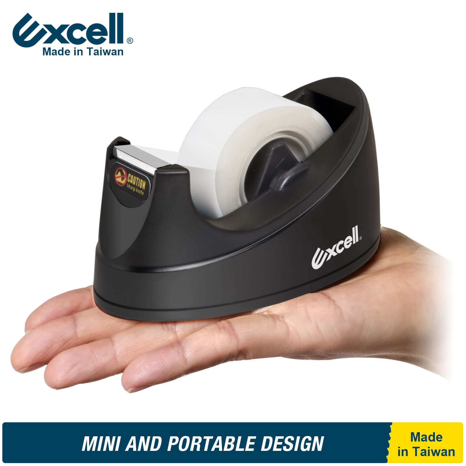 Excell Mini dozownik taśmy biurkowej (rdzeń 2,5 cm) z samoprzylepną dolną podstawą do użytku jedną ręką, do użytku w domu, biurze i szkole, 1 opakowanie