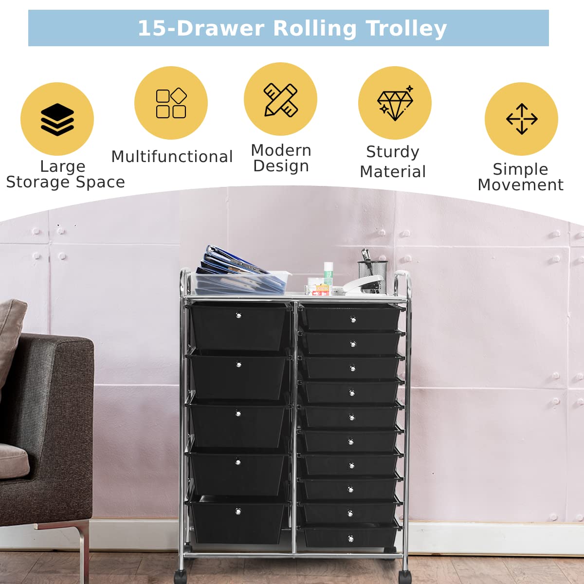 Carrito de almacenamiento de 15 cajones con ruedas bloqueables, organizador móvil multiusos para el hogar, oficina, papelería, belleza y salón de belleza, carrito rodante (negro)