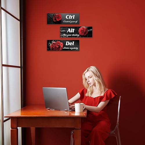 Miniatura 2 de Arte de pared rojo de 3 piezas, rosas rojas con citas positivas, arte de pared de madera para oficina, dormitorio, baño, sala de estar (12 x 4