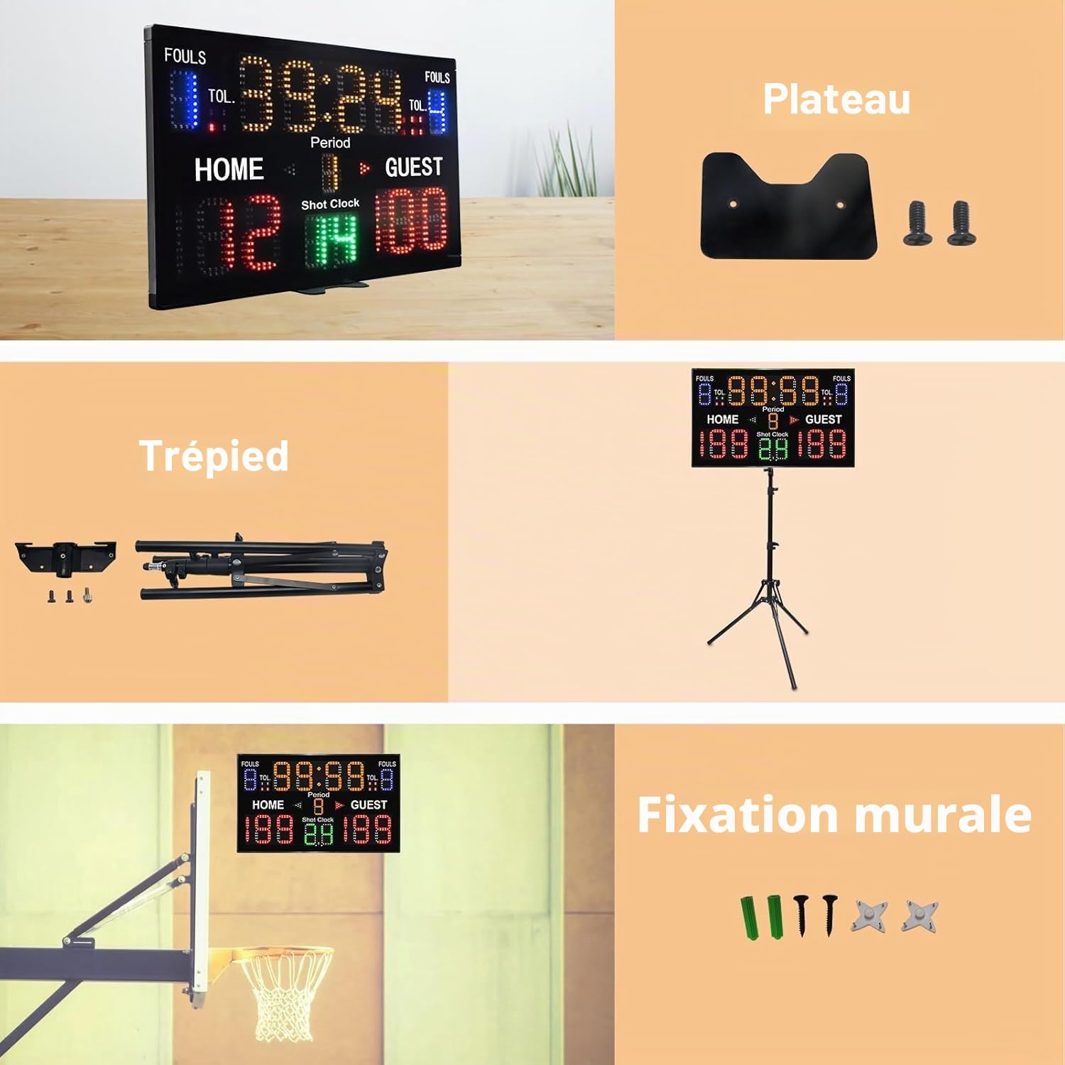 Tableau de score de basket-ball avec horloge de tir, 12/14/24/30 secondes alimenté par piles avec télécommande pour intérieur et extérieur, compte à rebours électronique