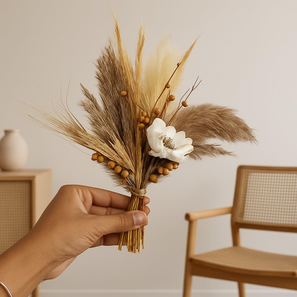 Boho Set Mini Dried Flower Bouquets | Small Bottle Arrangements | Table Decorations | Letter Box Gifts | Artificial Crochet Flower Bouquet/Artificial Flowers Bunch/ Flowers Bouquet (1, Natural Brown)-image-33