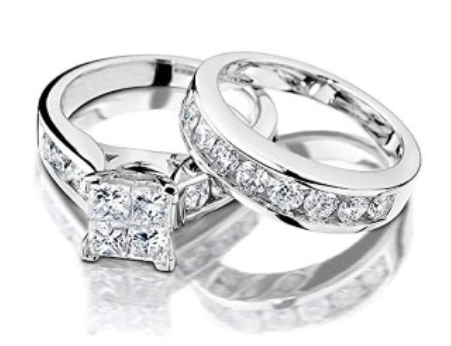 Midwest JewelleryPrincess Cut Diamond Engagement Ring and Wedding Band Set 1/2 Carat 10K White Gold (9)
