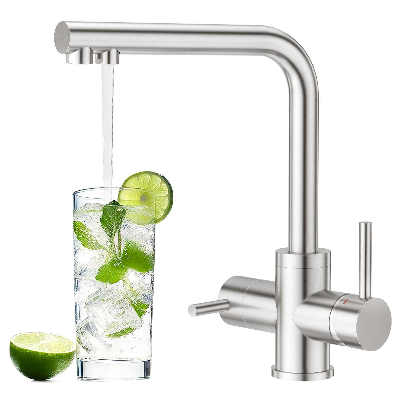 Grifo de Cocina Acero Inoxidable 3 Vías, Giratorio 360°, Mezclador 3 en 1 para Filtro de Agua Potable, Grifo con Doble Mando, Superficie Cepillada – Compatible con Sistema de ósmosis
