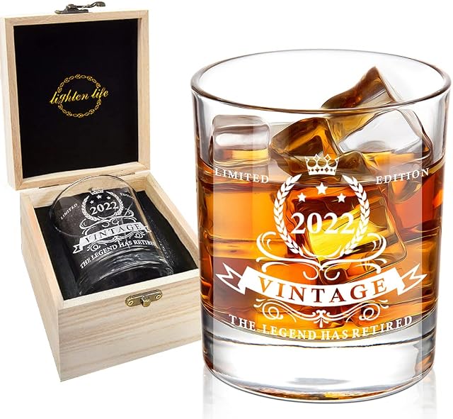 LIGHTEN LIFE The Legend Has Retired 2022 Whiskey Glass,Funny Retirement Bourbon Glass in Valued Wooden Box,Best Retirement Gift Ideas for Men,Grandpa,Dad ,Husband,Friends,12 oz Old Fashioned Glass