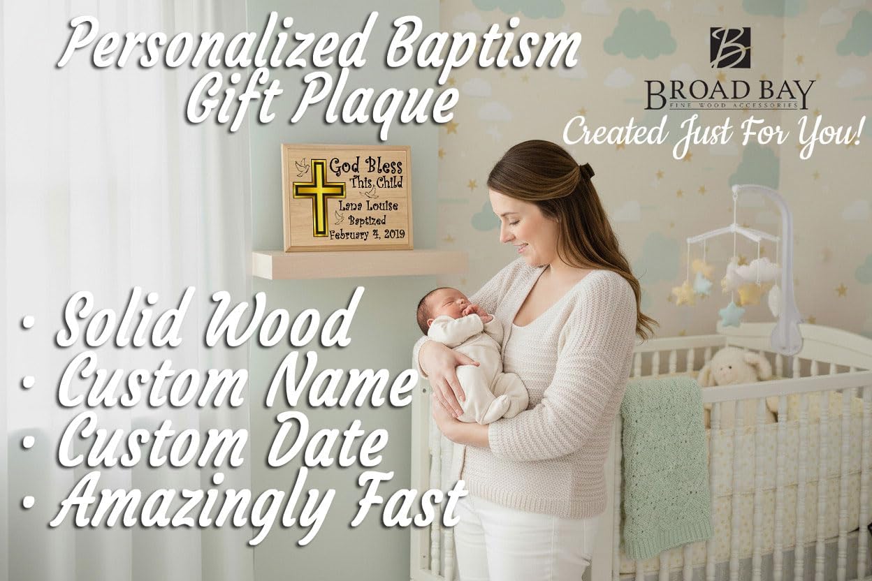 Baptism Gift Plaque – Custom Name and Date Christening Gift for Baby Boys or Girls – Solid Maple Wood Keepsake - "God Bless This Child" – Personalized