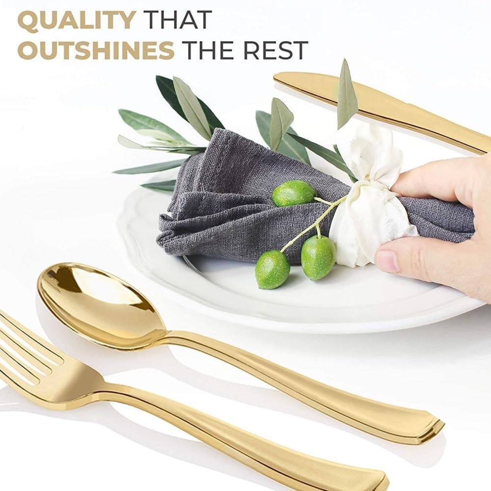 Elegante set di 150 posate in plastica dorata, 50 cucchiai, 50 forchette e 50 coltelli, resistenti, lavabili e riutilizzabili, posate dorate per compleanni, feste, matrimoni ed eventi