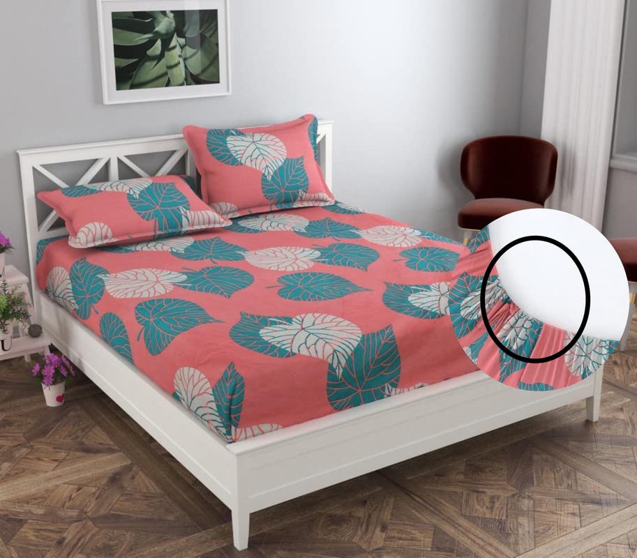 Luxury Trends Premium Cotton Elastic Fitted Bedsheets with 2 King Size Pillow Covers | Double Bed with All Around Elastic 160 TC Supersoft | Size - 72 King Sizex78+10 inches | Light Pink & Green