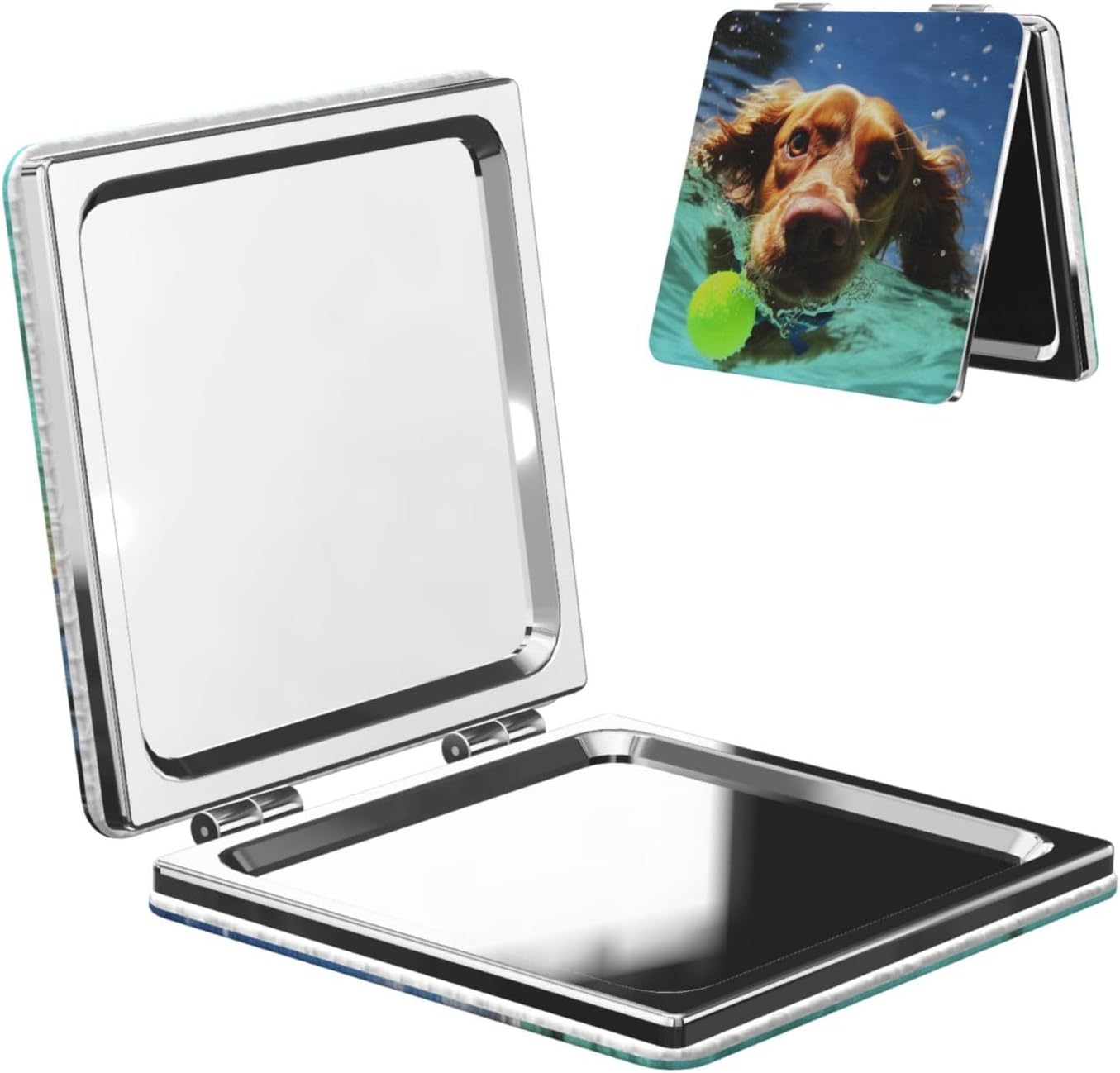 Compact Mirror Funny Swimming Dog Pocket Travel Makeup Mirrors Double Sided 1x/2x Magnifying Foldable Mini Cosmetic Mirrors Portable Handheld Beauty Mirror for Women Girls Gift