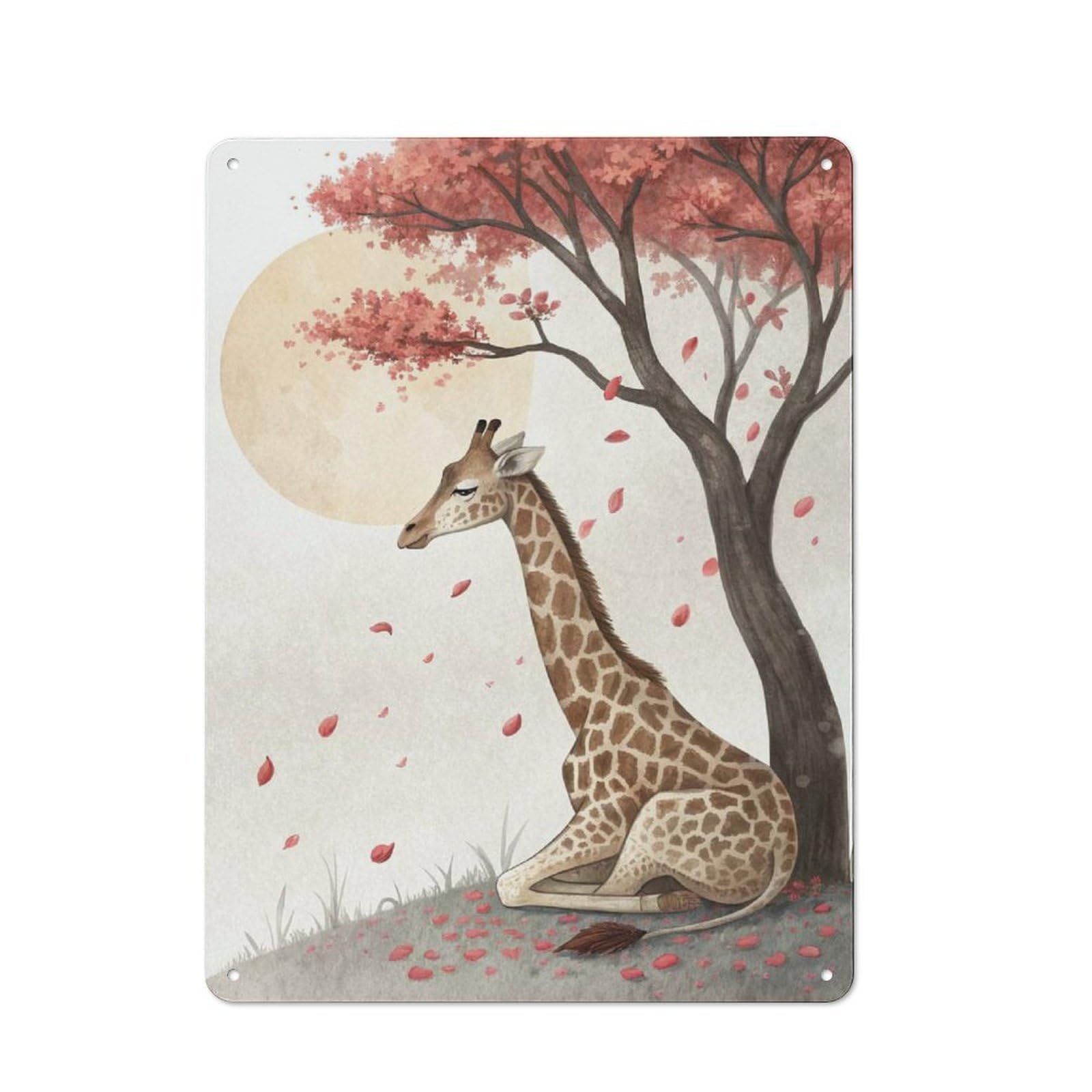 Junmoney Style-10 Metal Plaque 40X30cm With Giraffe Under A Blooming Tree For Pub Or Café, Vintage Decor, For Metal Sign Collectors, For Vintage Wall Decor Fans