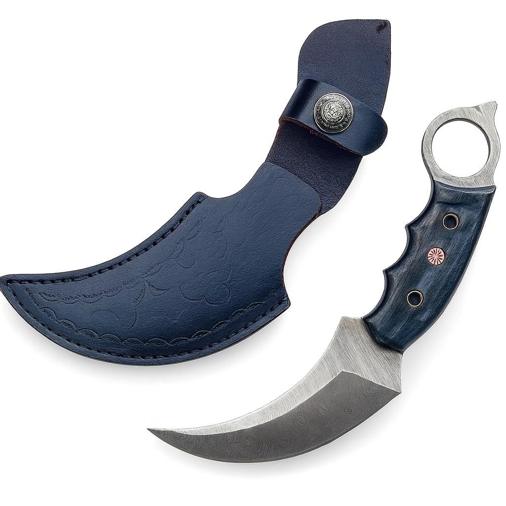 H & H BLADES Handmade Damascus Steel Karambit Knife 9.5''Curved Fixed Blade Full Tang - Black Wood Handle & Leather Sheath - EDC Outdoor, Camping, Survival Knife - Collector Gifts for Men