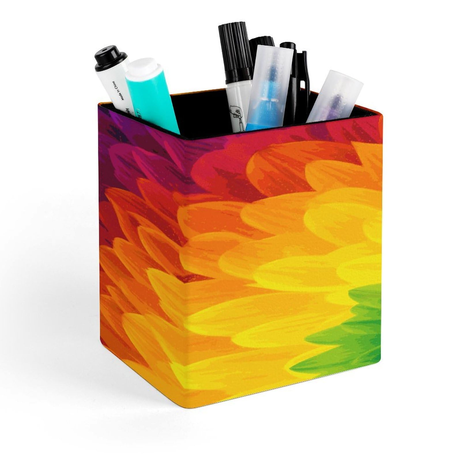 JTREHY Sunflower Rainbow Pen Holder Square Pen Pencil Holder Makeup Brush Holders Cup PU Leather Pencil Cups Desktop Caddy Stationery Organizer Case Office Accessories Container Box