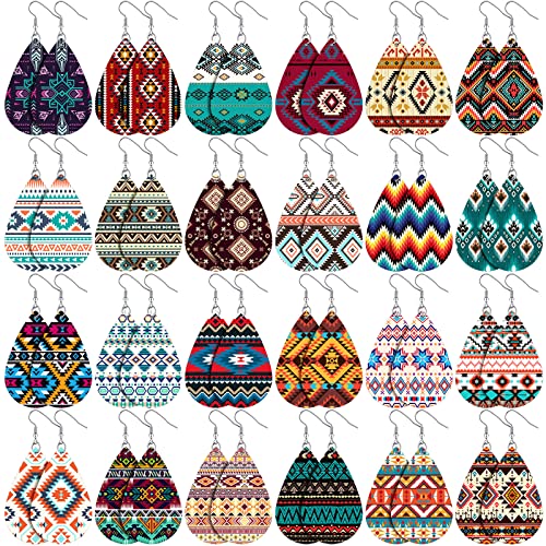 24 Pairs Western Cowgirl Faux Leather Earrings Set Boho Aztec Pattern Earrings Handmade Teardrop Dangle for Women