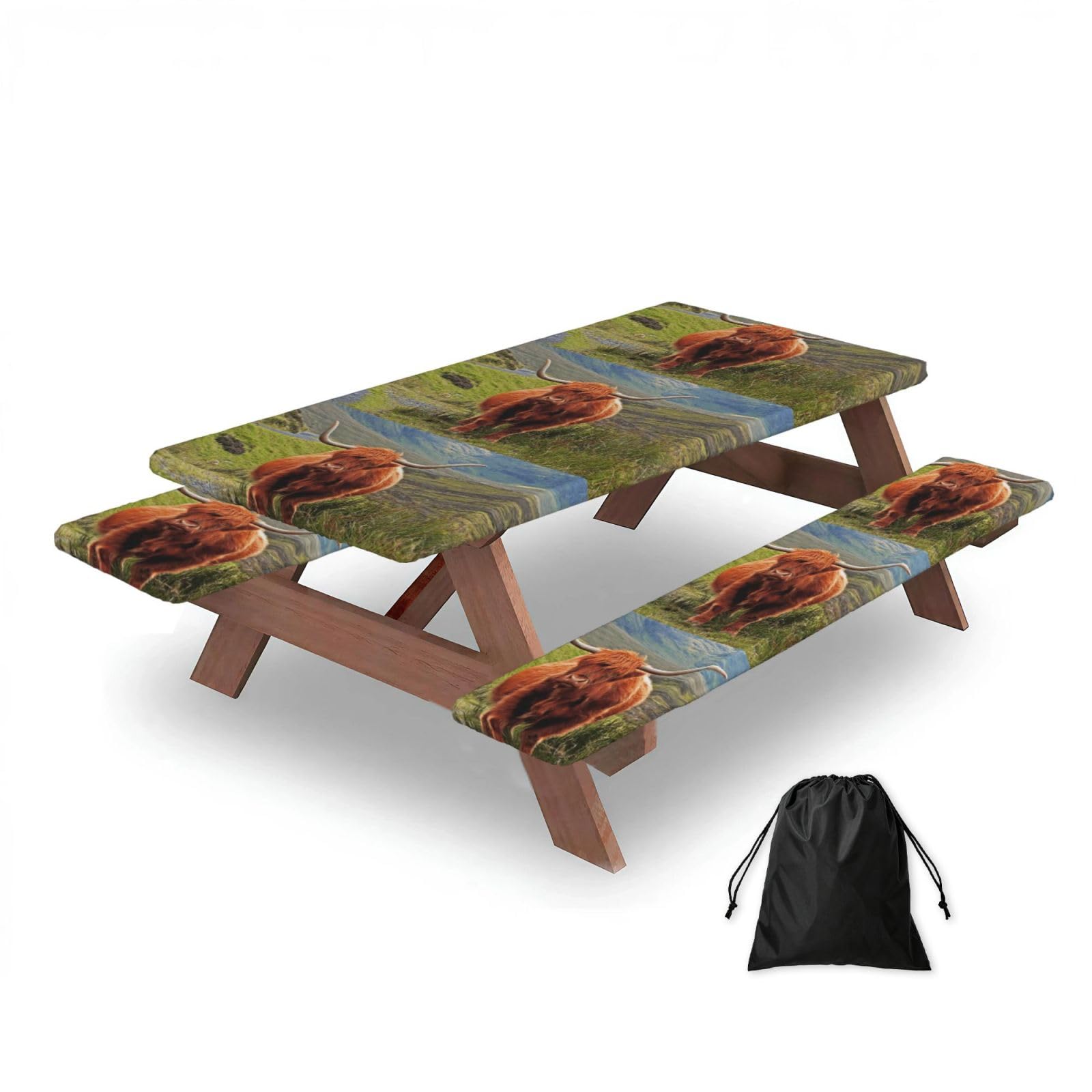 Dopklna As Picture Brown Highland Cattle, Picnic Table Cover With Bench Covers -Waterproof Elastic Fitted Tablecloth For Garden Camping Patio 76X152cm