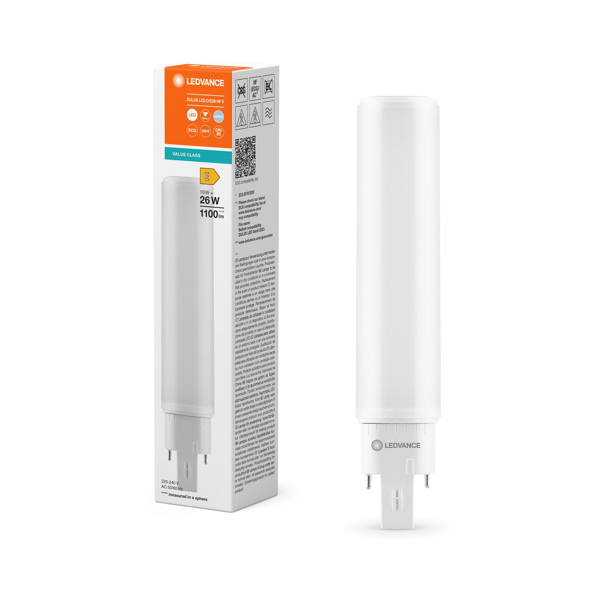 Ledvance Dulux D/E LED 10 W - 840 Cool White | Replacement for 26 W, White-Black-Grey