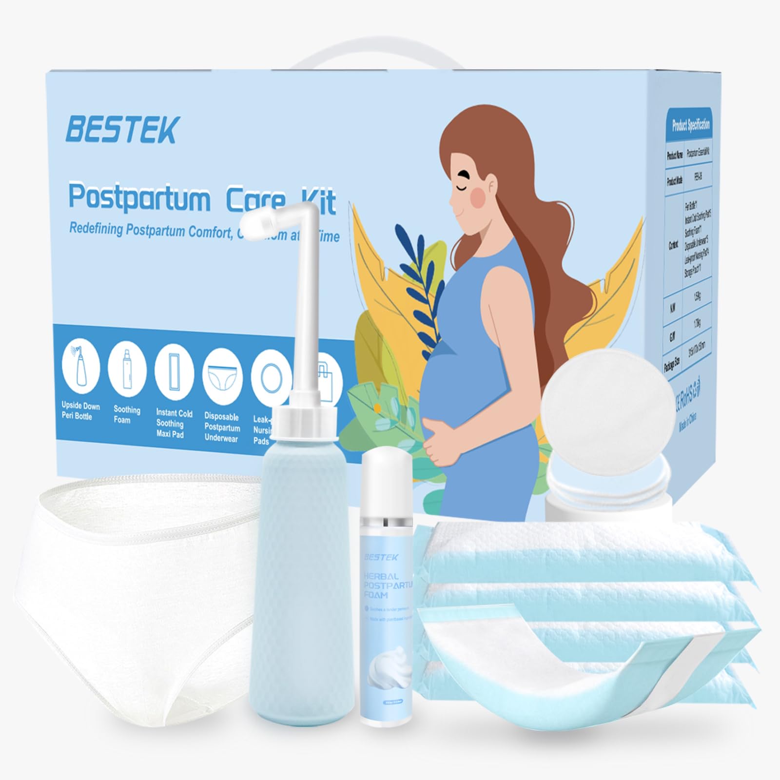 Postpartum Recovery Essentials Kit - Labor Delivery Mom Care Kit - Disposable Postpartum Underwear, Peri Bottle, Postpartum Ice Pack Pads, Reusable