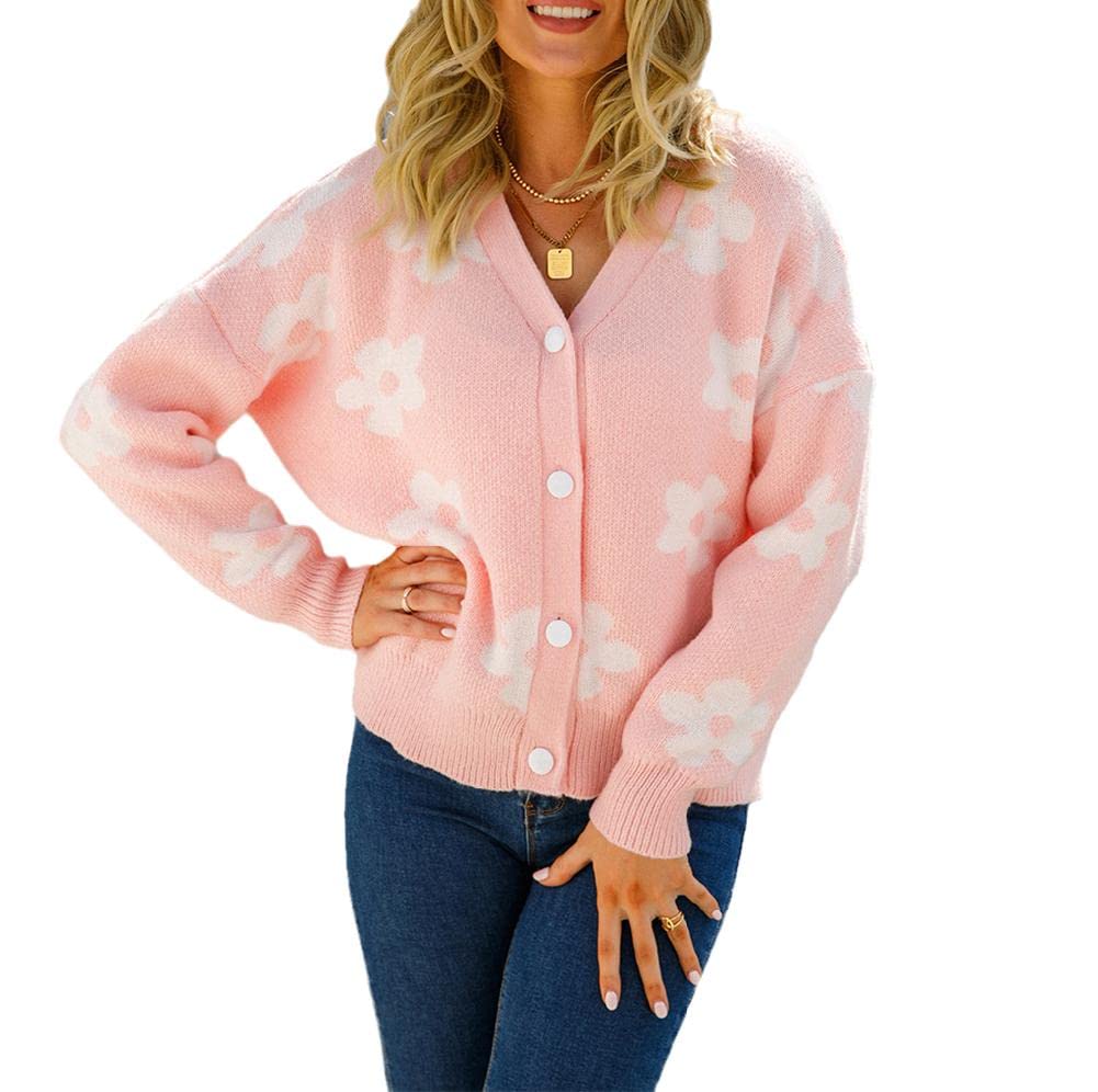 Women's Long Sleeve Cardigans Sweater V Neck Floral Printed Button Loose Outerwear