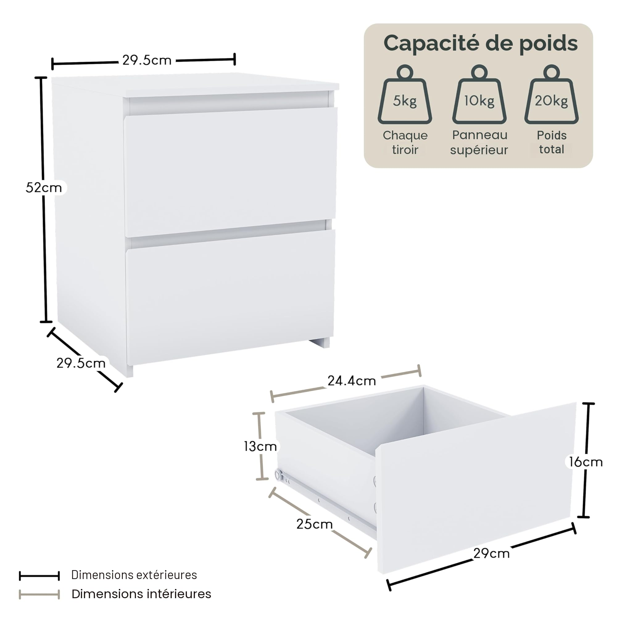Vida Designs Denver Table de Chevet 2 tiroirs Blanc