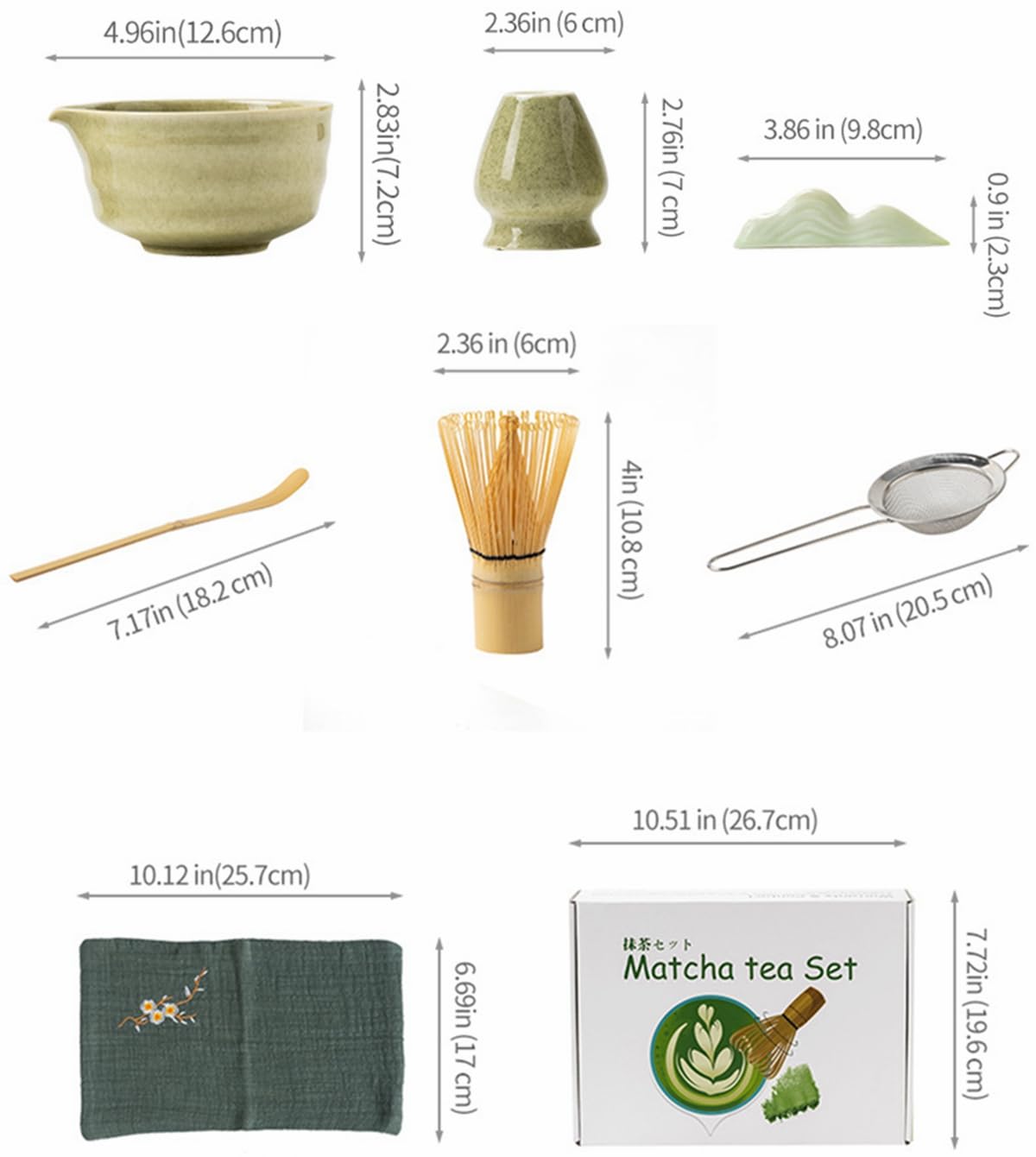 Juego de 8 batidores de matcha con caja de regalo blanca, juego de ceremonia de té tradicional japonés, juego de cuencos de cerámica esmaltada a rayas horizontales para amantes del té verde, color