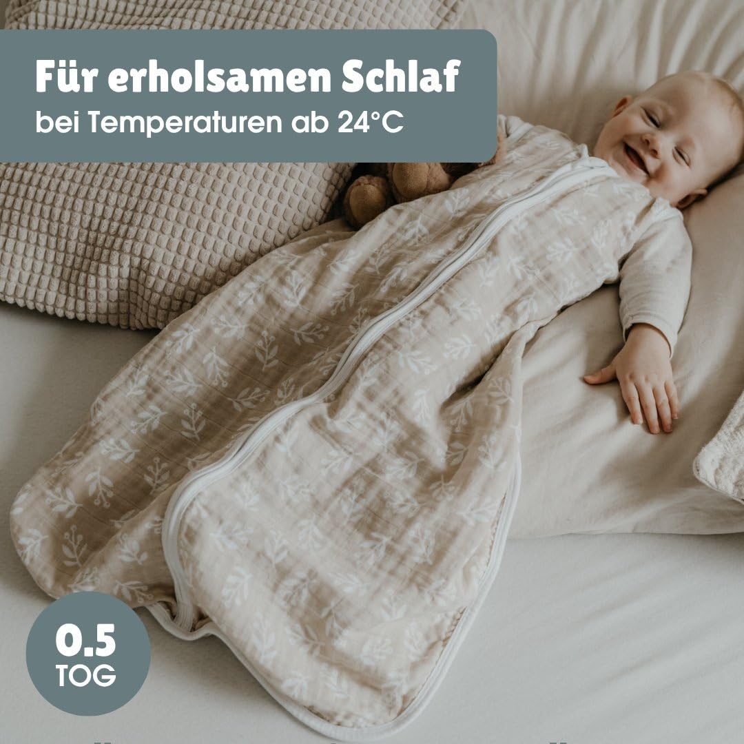 emma & noah Baby Schlafsack 0.5 TOG, Musselin Schlafsack für den Sommer, 100% Bio-Baumwolle, OEKO-TEX Zertifiziert, Atmungsaktiv und Leicht, Strampelsack für Neugeborene