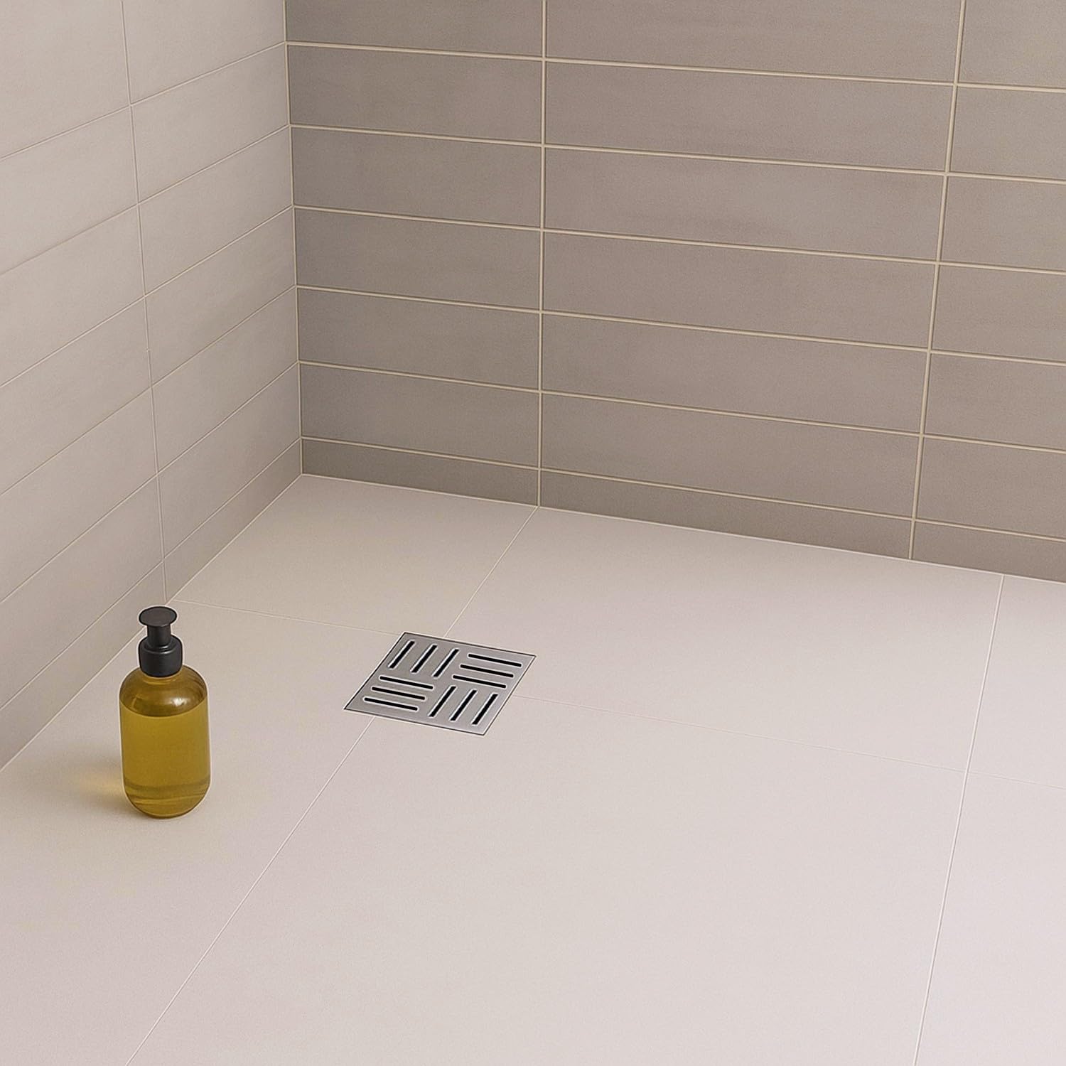 DOMEO Caniveau de douche carré motif quadrillé 12 x 12 cm siphon anti-odeurs, drainage 36l/min, h. réglable