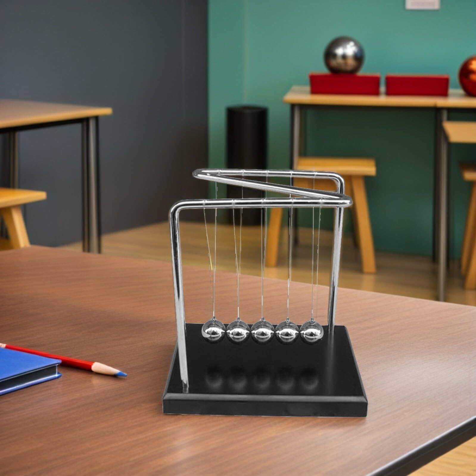 NOLITOY Pendolo a Sfera di Newton in Legno Massello Sfere Metalliche Oscillanti Decorazione da Scrivania Antistress per Ufficio e Studio Strumento Didattico di Fisica e Kit Esperimenti