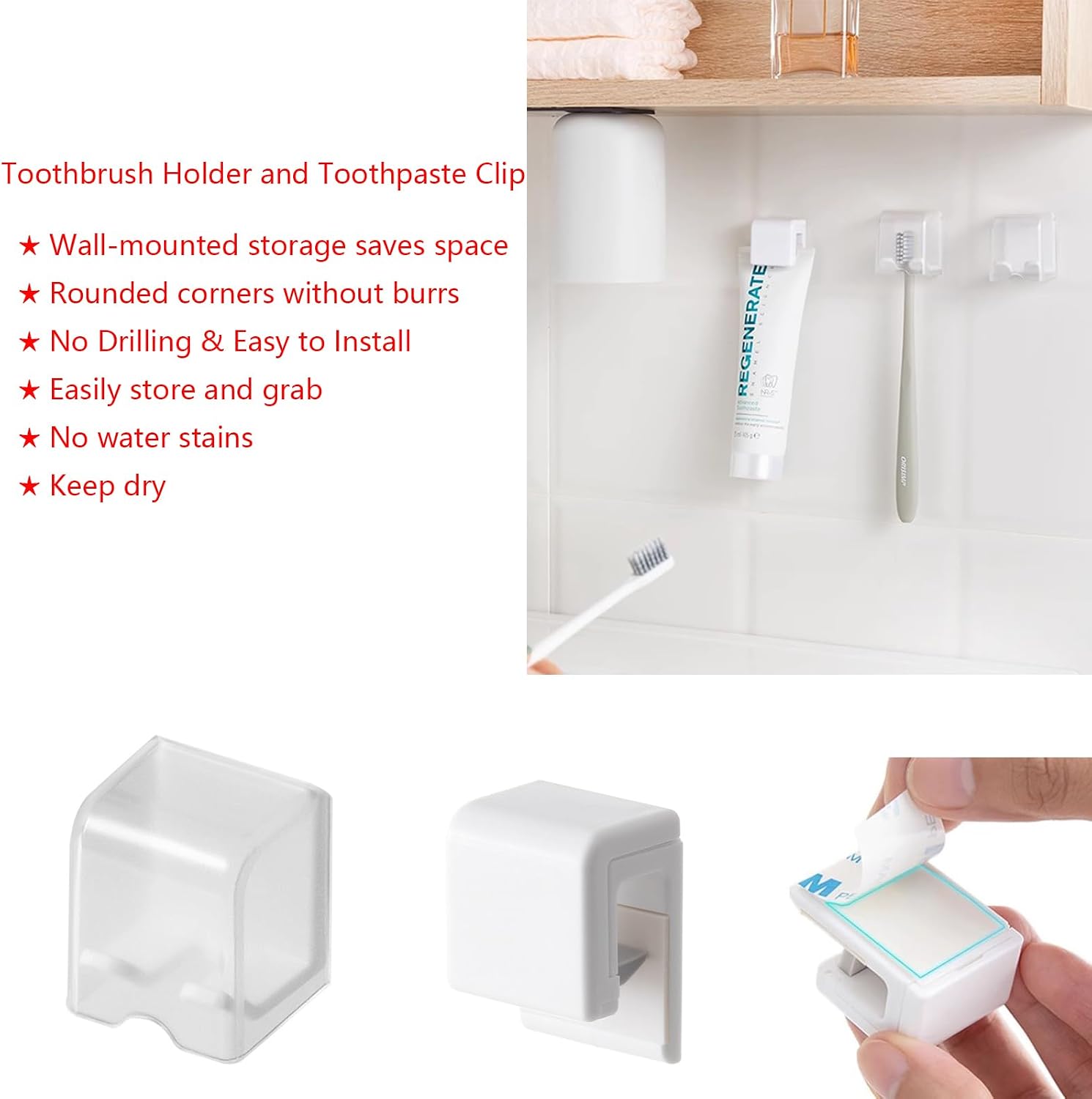2PCS White Toothbrush Holder Wall Mounted with Cover, Toothbrush Storage Organizer for Dorm, Self Adhesive Toothbrush Hanger, for Bathroom, Shower, Cabinet, with 2PCS White Toothpaste Clip