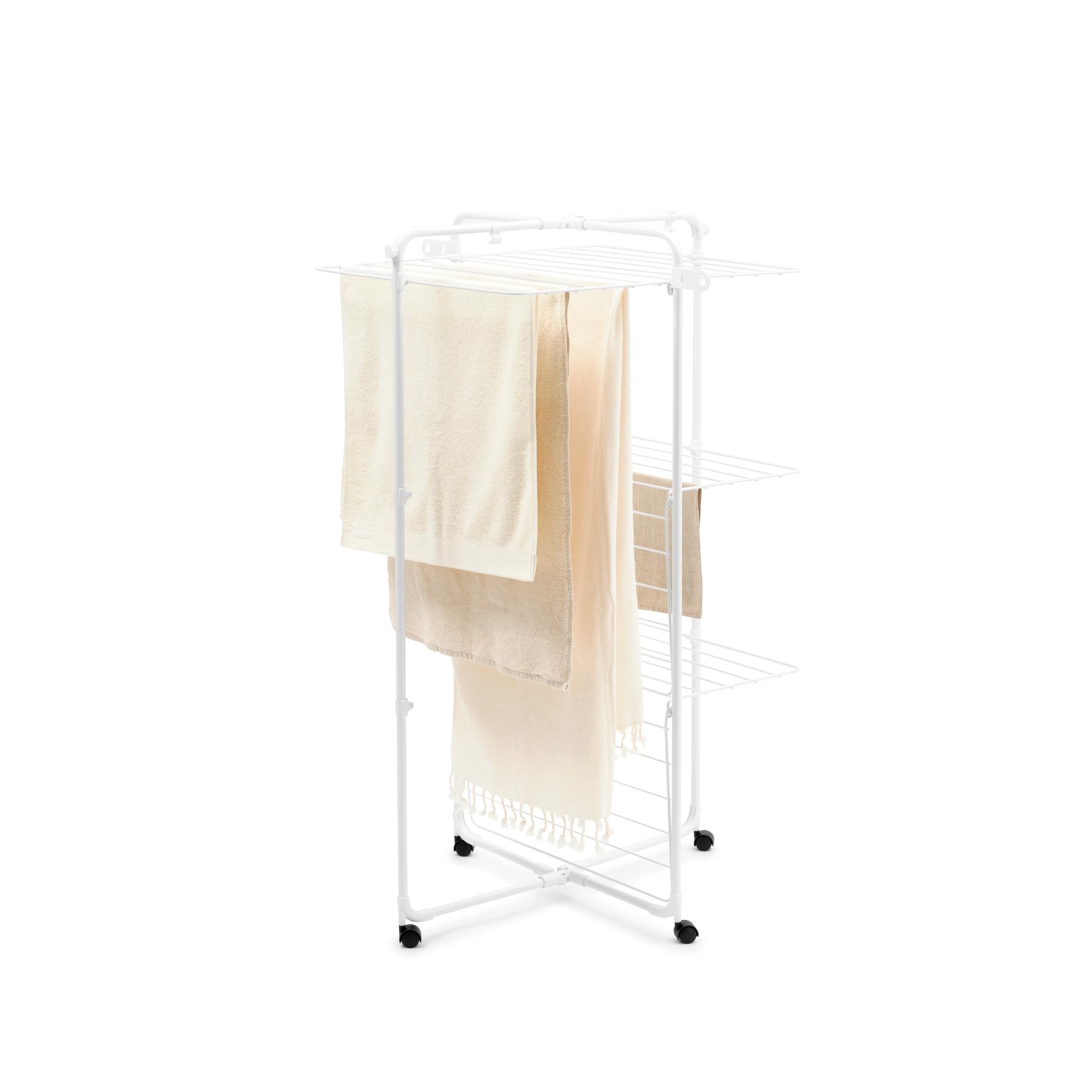 Brabantia HangOn Tendedero en Torre 23 M (Blanco), tendedero Vertical Que Ahorra Espacio, tenderete de Ropa Plegable con 3 Niveles de Secado, Ruedas y Ganchos