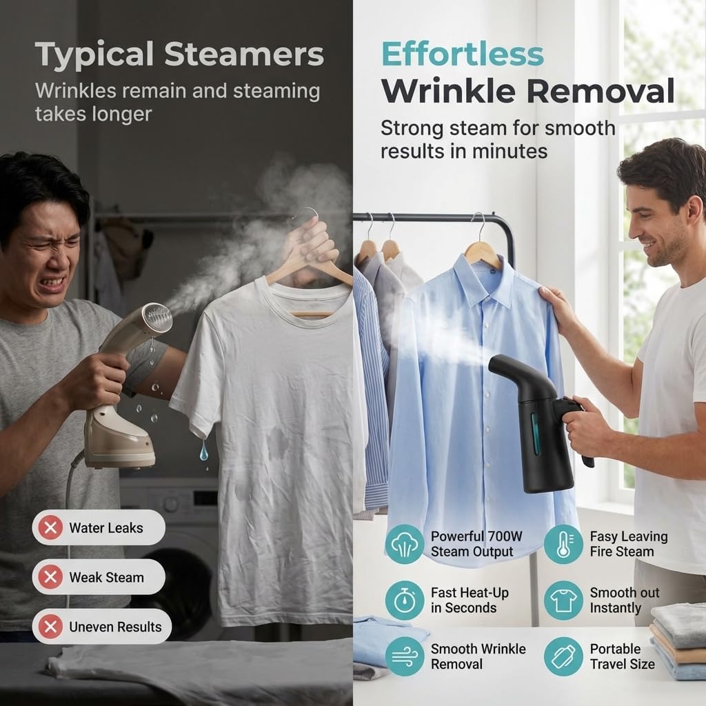 Handheld Garment Steamer – 700W Portable Clothes Steamer & Steam Iron for Travel | 240ml Tank, 45s Fast Heat-Up, 12 Min Continuous Steam | Mini Handheld Fabric Steamer, Wrinkle Remover for Clothes