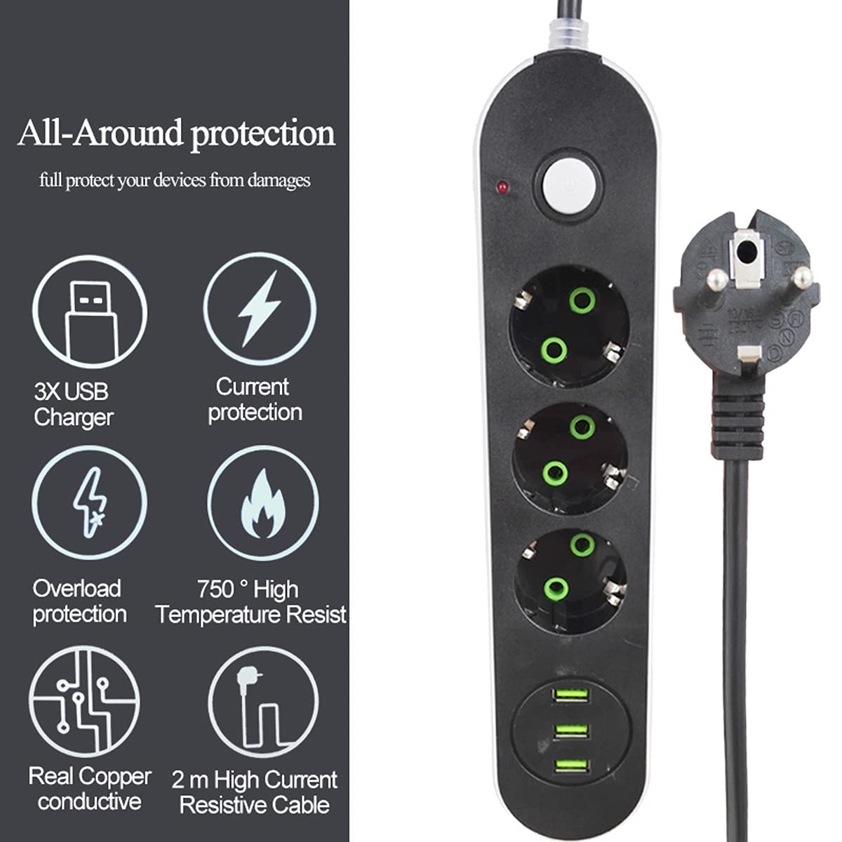 Multipresa, Multipresa Elettrica Con USB Ciabatta Con 3 Prese Elettriche E 3 Porte Di Carica USB Un Interruttore Di Controllo Con Protezione Da Sovraccorrente 2500W 17W 5V 3.4A Cavo 1.8M, Nero-Grigio