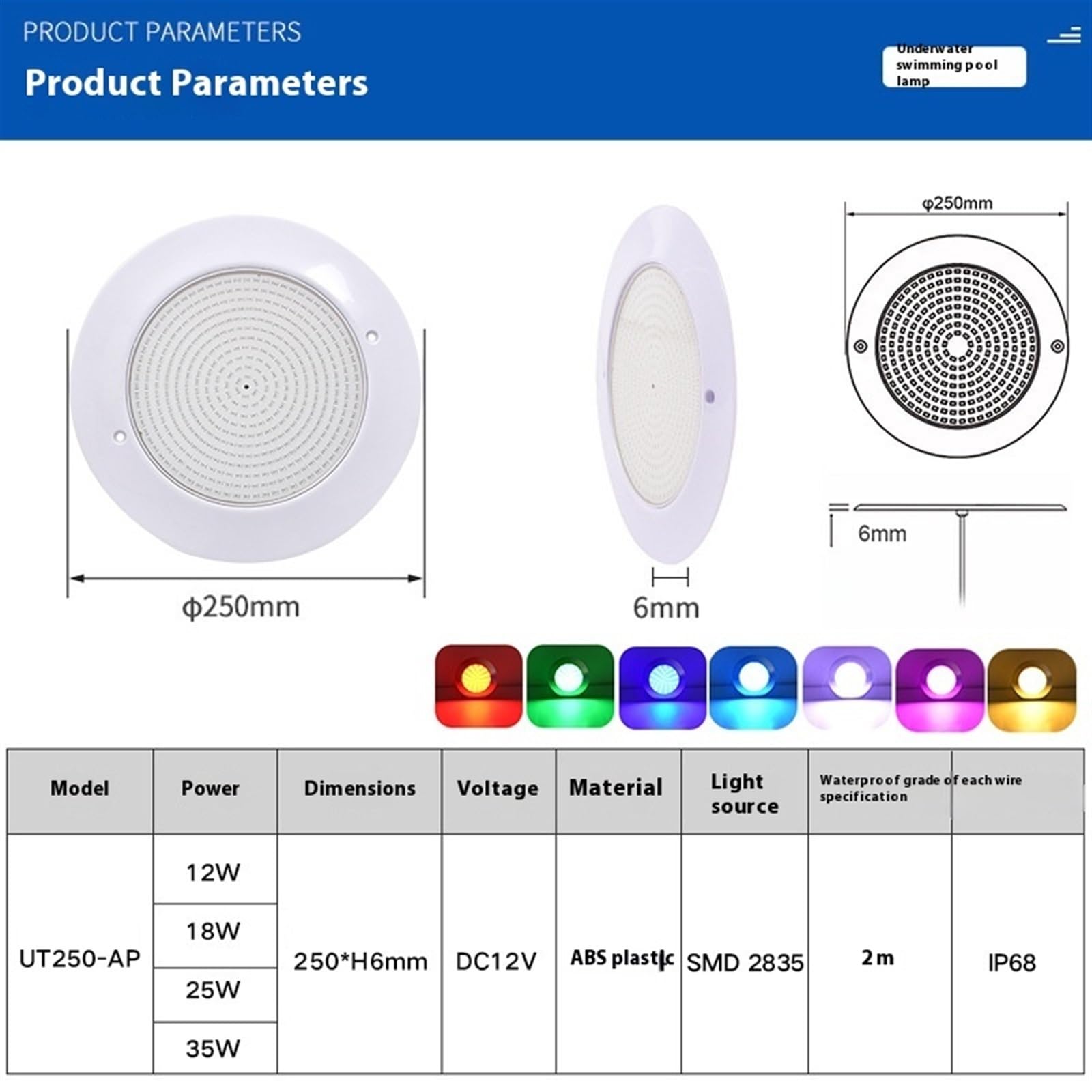 Poolbeleuchtung, Unterwasser-12-V-Niederspannungs-Schwimmbadlicht, farbenfrohe Bluetooth-App, ultradünnes, wandmontiertes Unterwasserlicht mit Vollkleber für Schwimmbad, Brunnen, Teich, Aquarium(Color