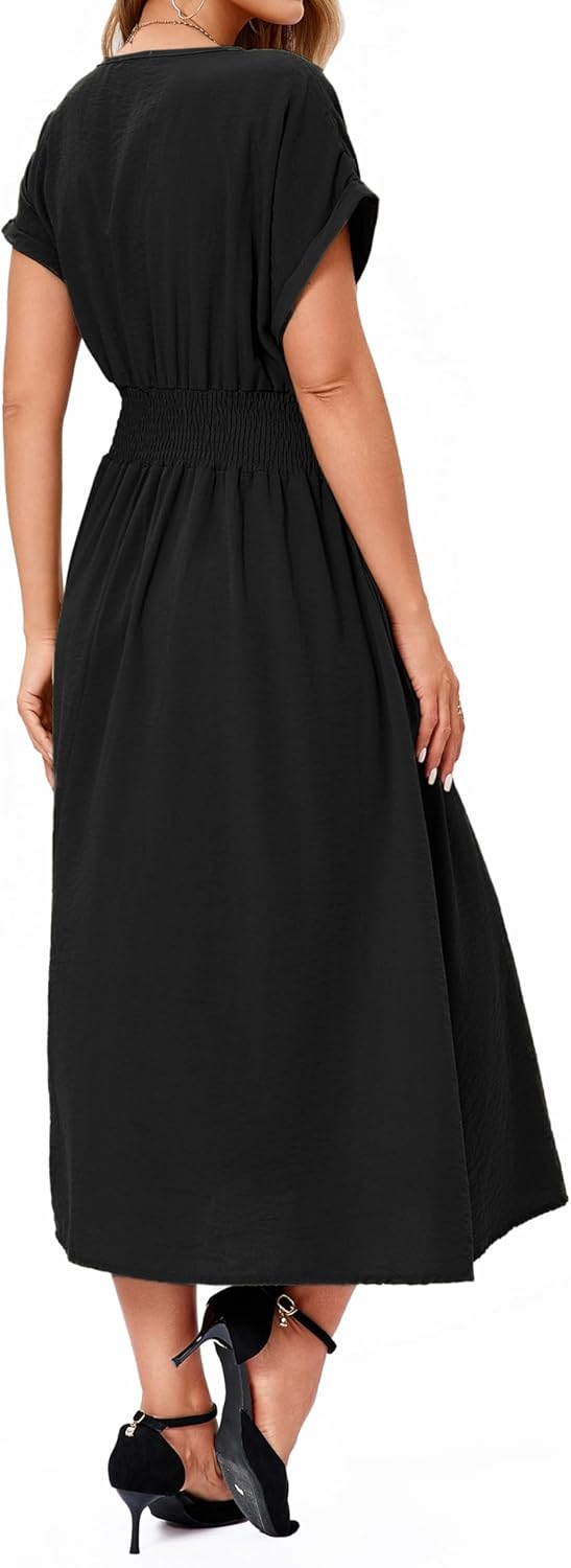 Women's Summer Casual Short Sleeve Wrap Elastic Wasit Deep V Neck Mid A-Line Loose Dress 2025 - Image 2