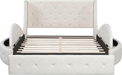 Miniatura 7 de SIYSNKSI Cama tapizada de tamaño Queen con 1 cajón grande y 2 taburetes de almacenamiento laterales cama de terciopelo de almacenamiento con