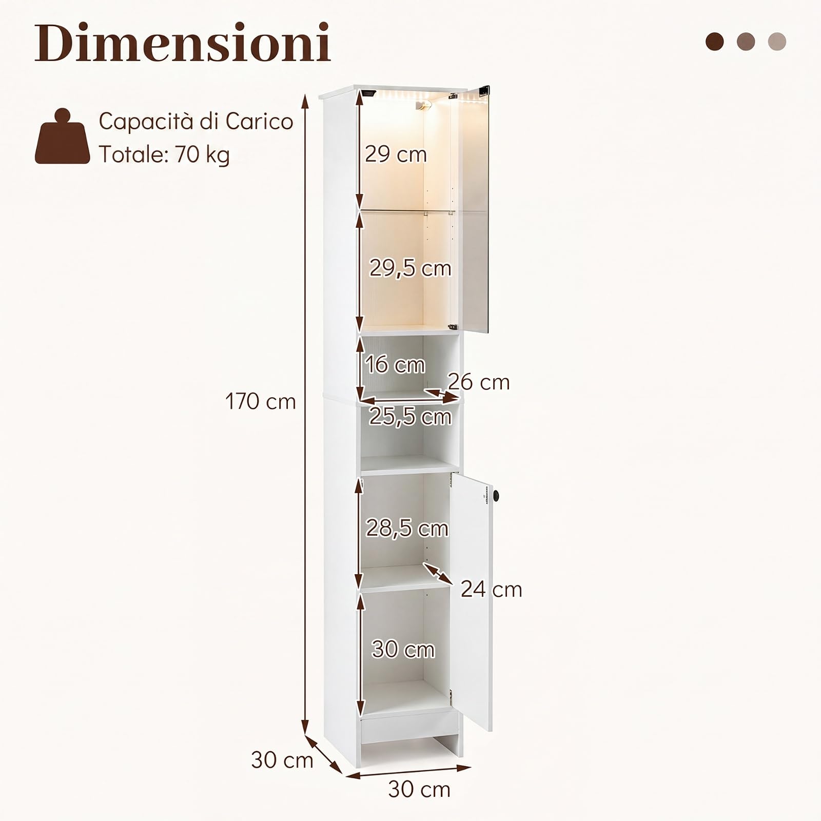 COSTWAY Mobile Alto da Bagno, Mobiletto a Colonna Stretto con Luci LED e Telecomando, Ante in Vetro e Mensole Regolabili, Armadio Salvaspazio a Terra per Soggiorno, 30 x 30 x 170 cm (Bianco)